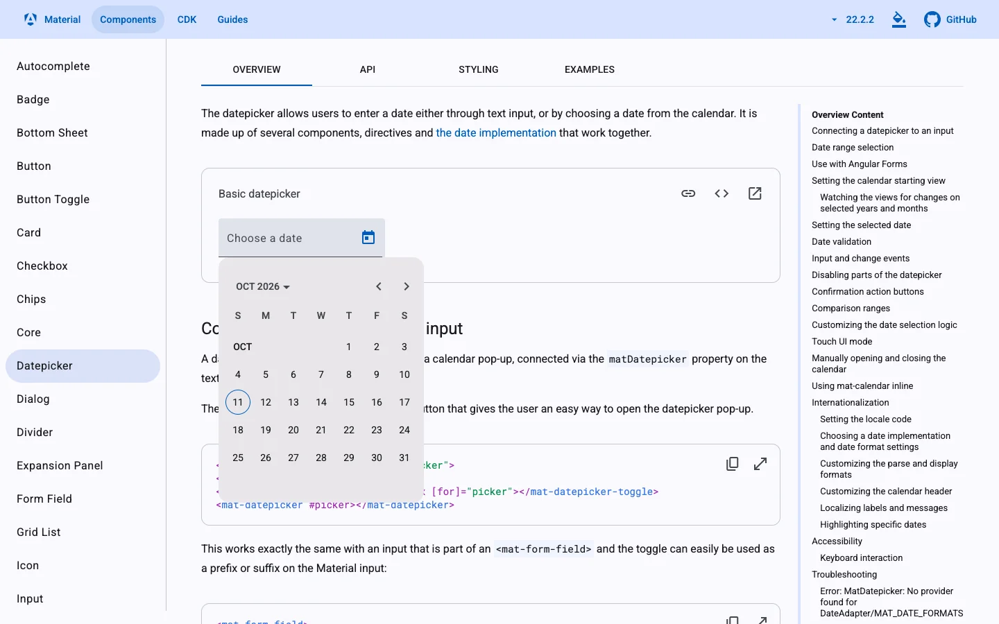 Angular Material basic datepicker with its calendar open