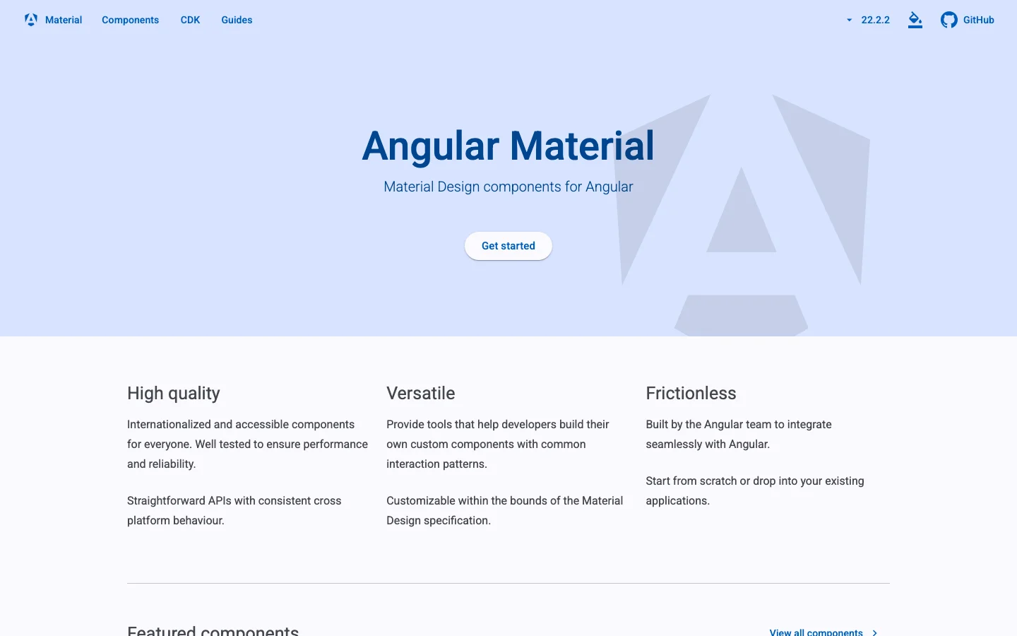 Angular Material homepage introducing Material Design components for Angular