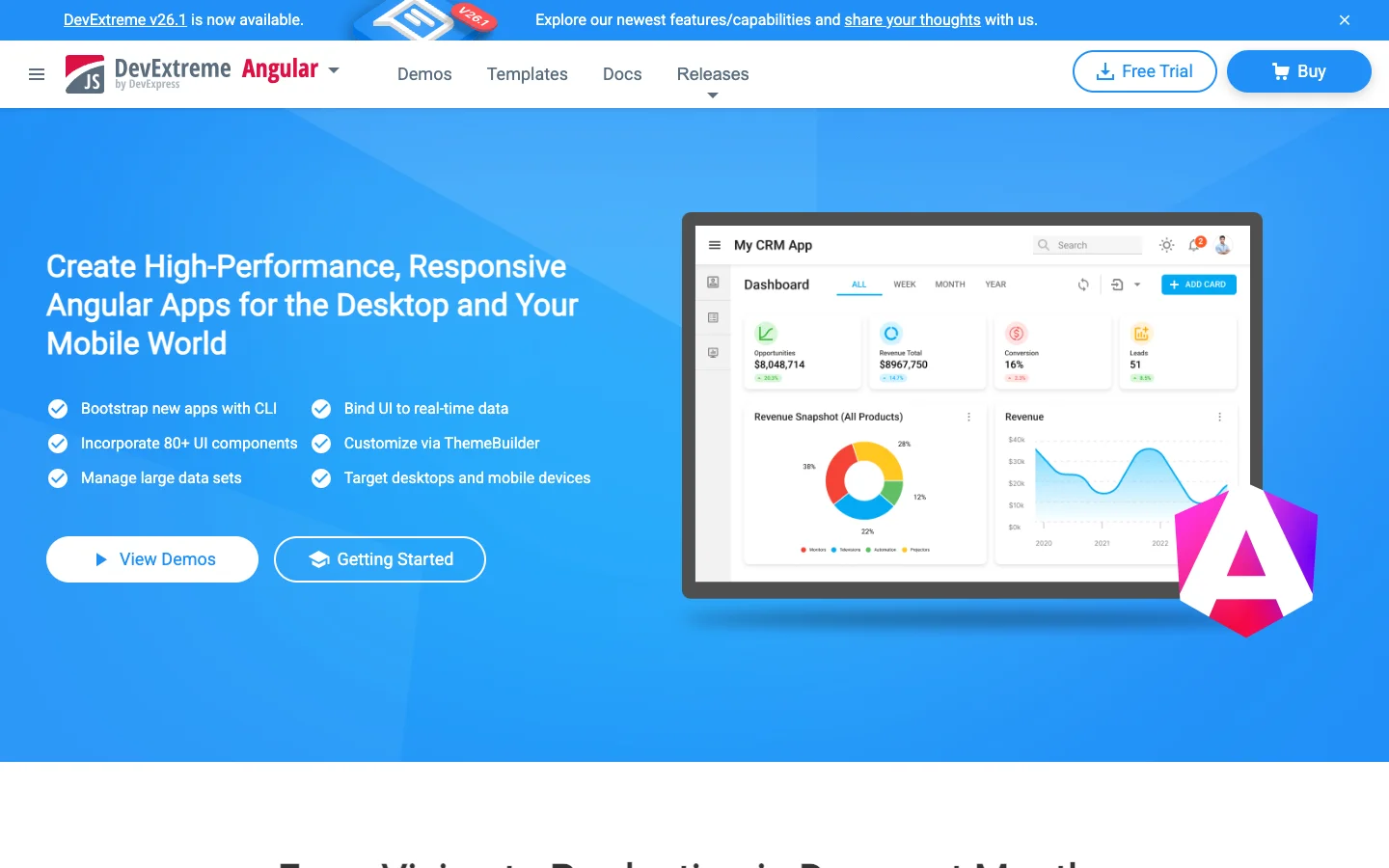 DevExtreme Angular product homepage with a dashboard interface example