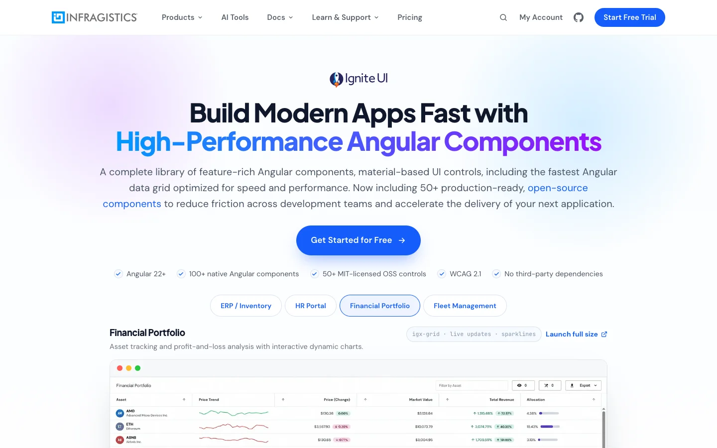 Ignite UI for Angular product homepage with its financial portfolio example