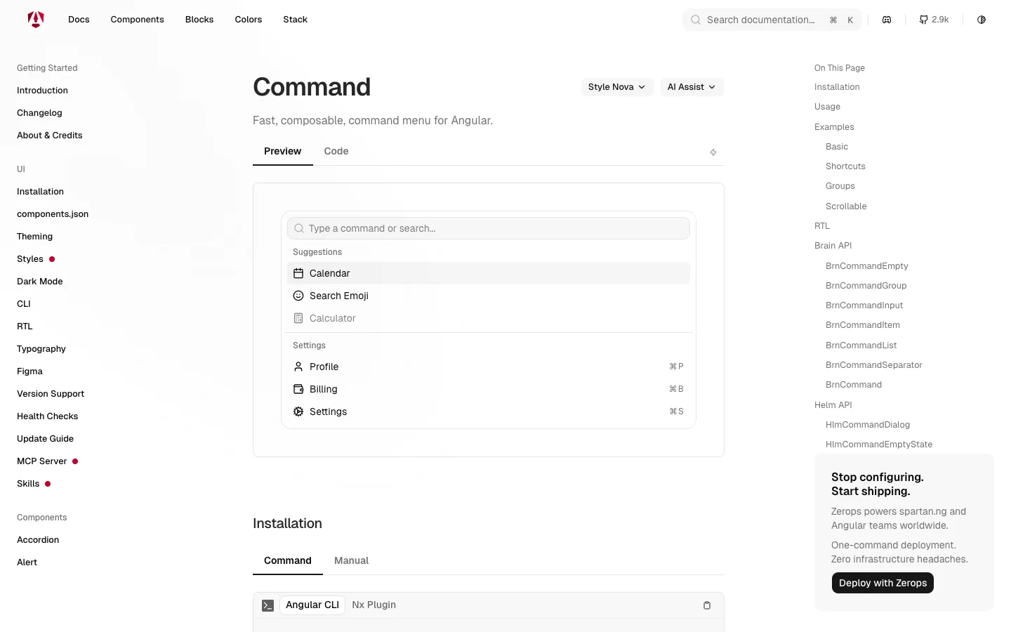 Spartan command menu with a search field and grouped actions