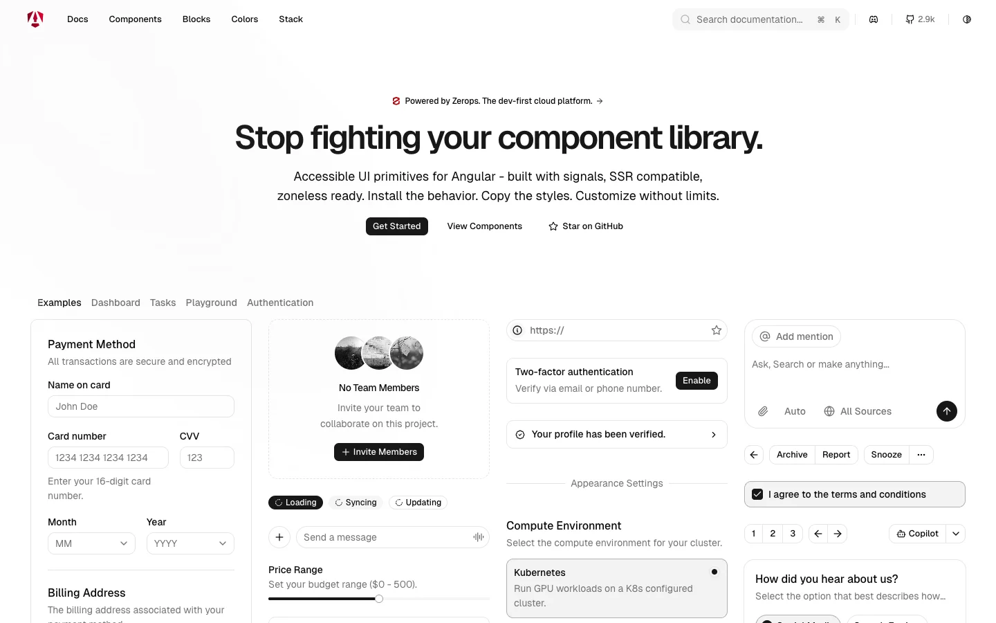 Spartan homepage with examples of its Angular components