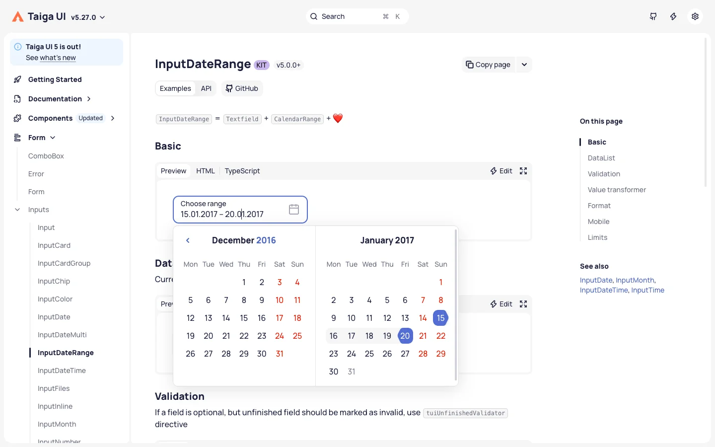 Taiga UI InputDateRange with two calendar months and a selected date range