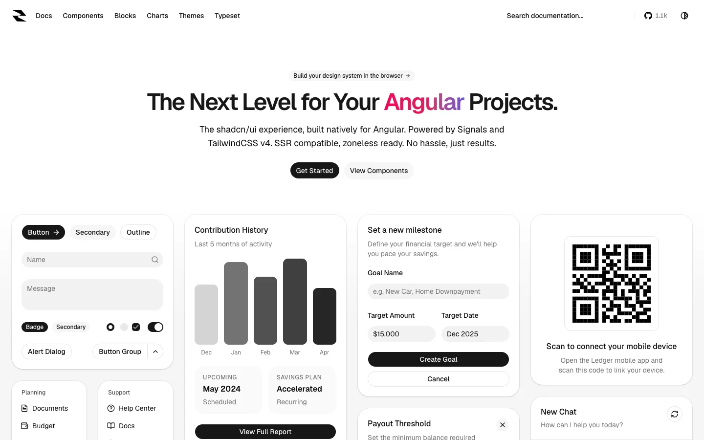 Zard UI homepage with Tailwind-styled Angular component examples