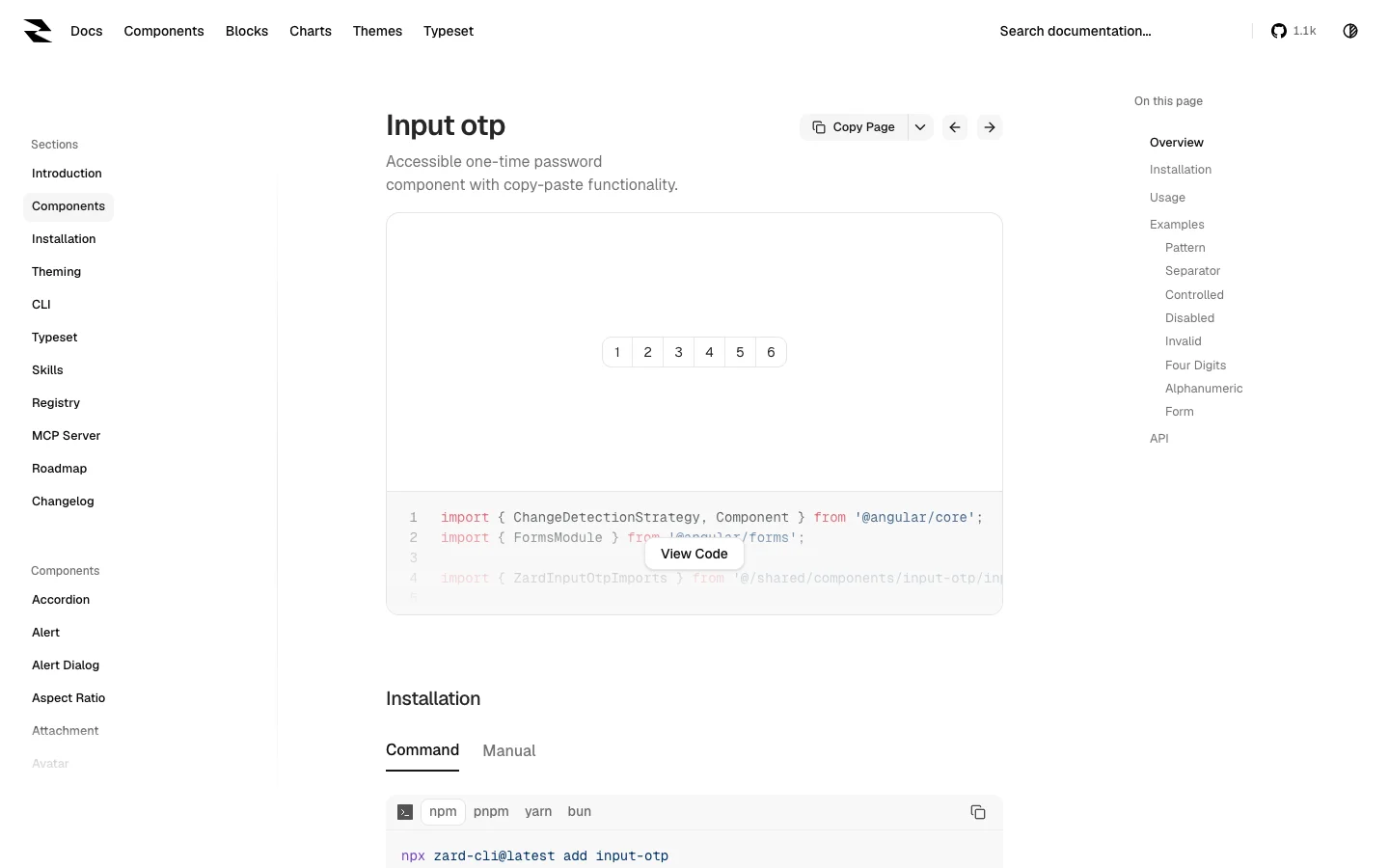 Zard UI Input OTP preview with six verification-code slots